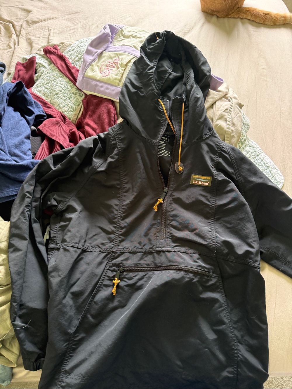 L.L.Bean Black Hooded Pullover Anorak with Yellow Drawcords